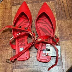 Zara Vibrant Red Pointed Flats with Studded Straps